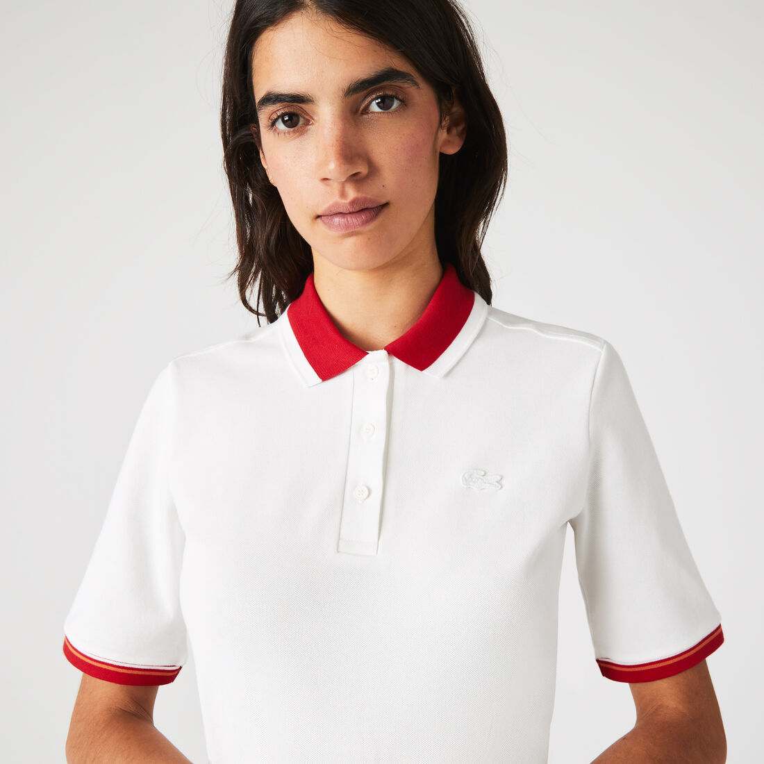 Lacoste Slim Fit Colored Neck Stretch Baumwoll Piqué Polo Shirts Damen Weiß | GNUA-39621