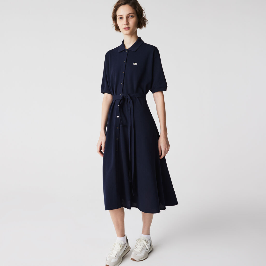 Lacoste Baumwoll Piqué Belted Kleider Damen Blau | PHUE-19237