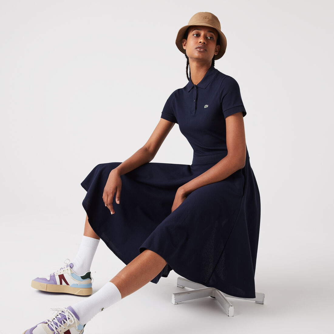 Lacoste Fitted Baumwoll Piqué Kleider Damen Navy Blau | QKLO-08659