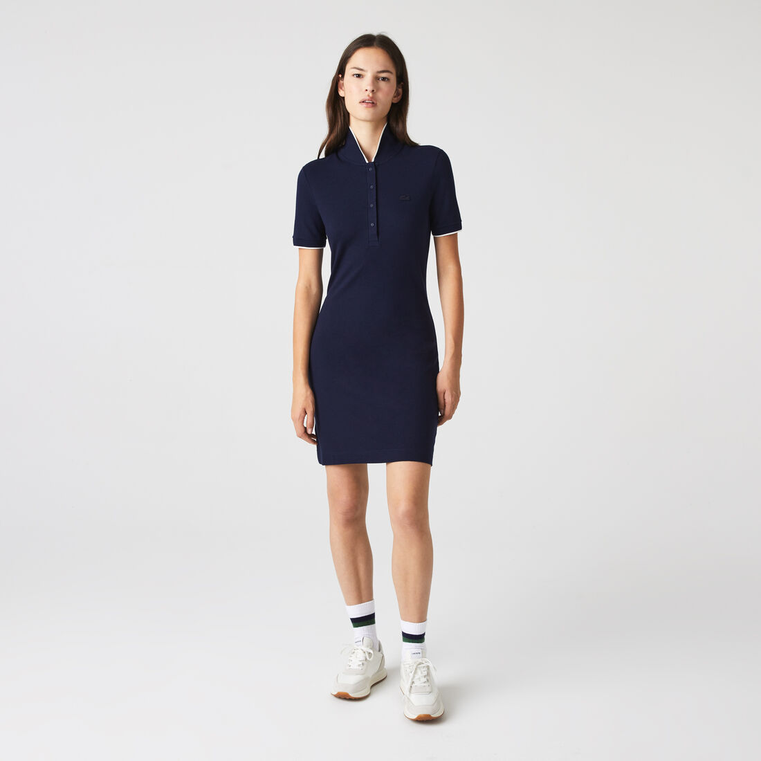 Lacoste Gestreift Neck Flowy Kleider Damen Navy Blau | UESQ-42630