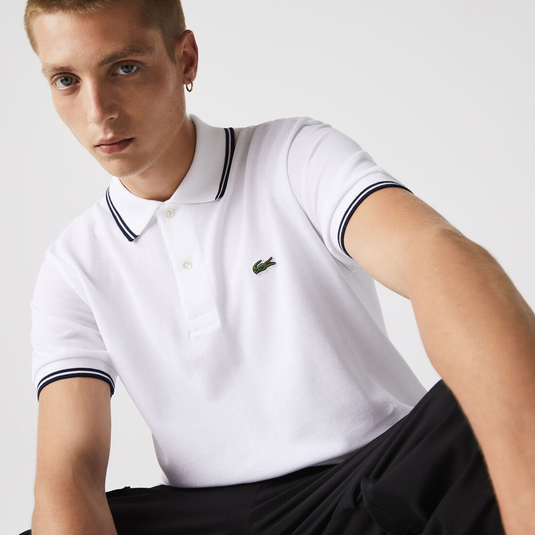 Lacoste Klassische Fit Gestreift Accents Baumwoll Piqué Polo Shirts Herren Weiß | CHUR-70913