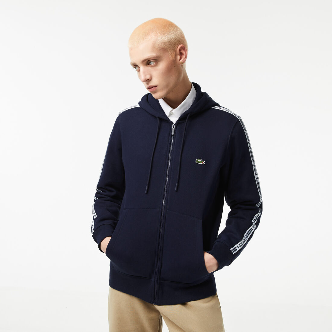 Lacoste Klassische Fit Zipped With Brand Stripes Hoodie Herren Navy Blau | PICD-75036