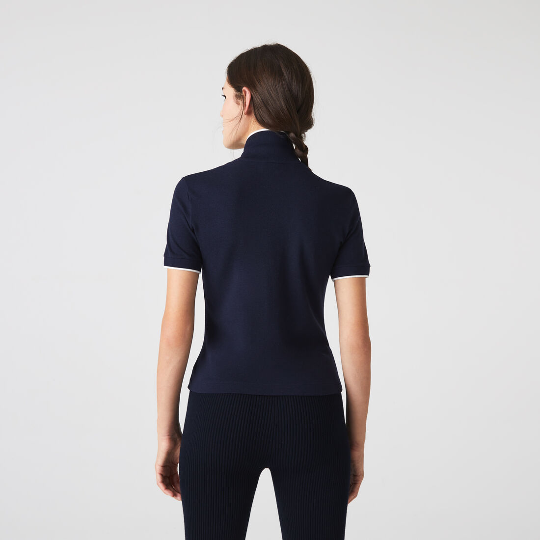 Lacoste Slim Fit Gestreift Collar Flowy Piqué Polo Shirts Damen Navy Blau | CQUN-08754