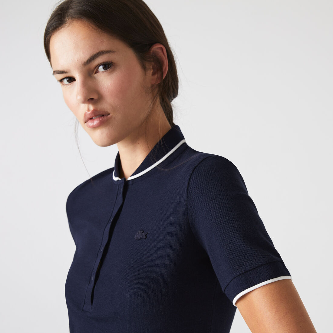 Lacoste Slim Fit Gestreift Collar Flowy Piqué Polo Shirts Damen Navy Blau | CQUN-08754