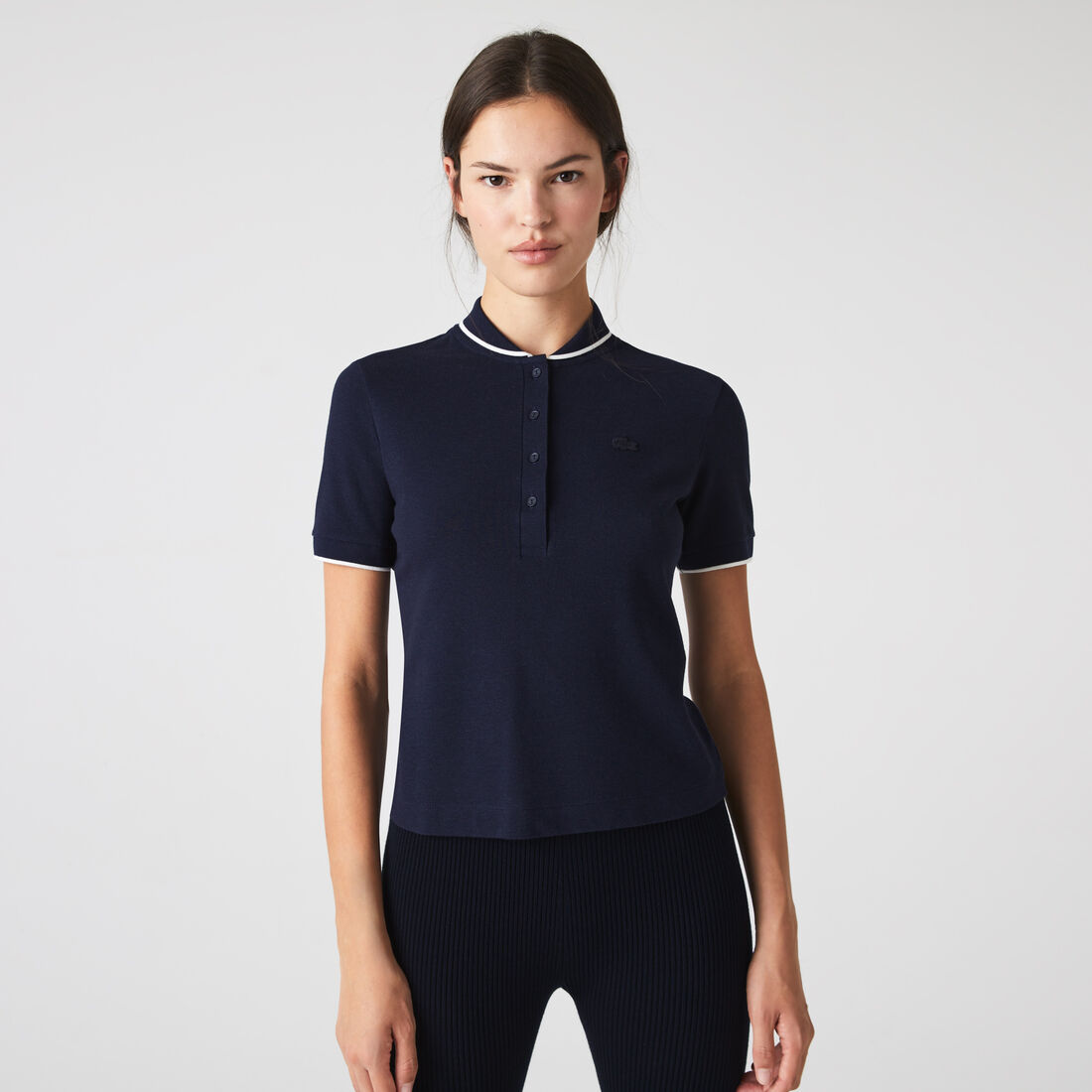 Lacoste Slim Fit Gestreift Collar Flowy Piqué Polo Shirts Damen Navy Blau | CQUN-08754