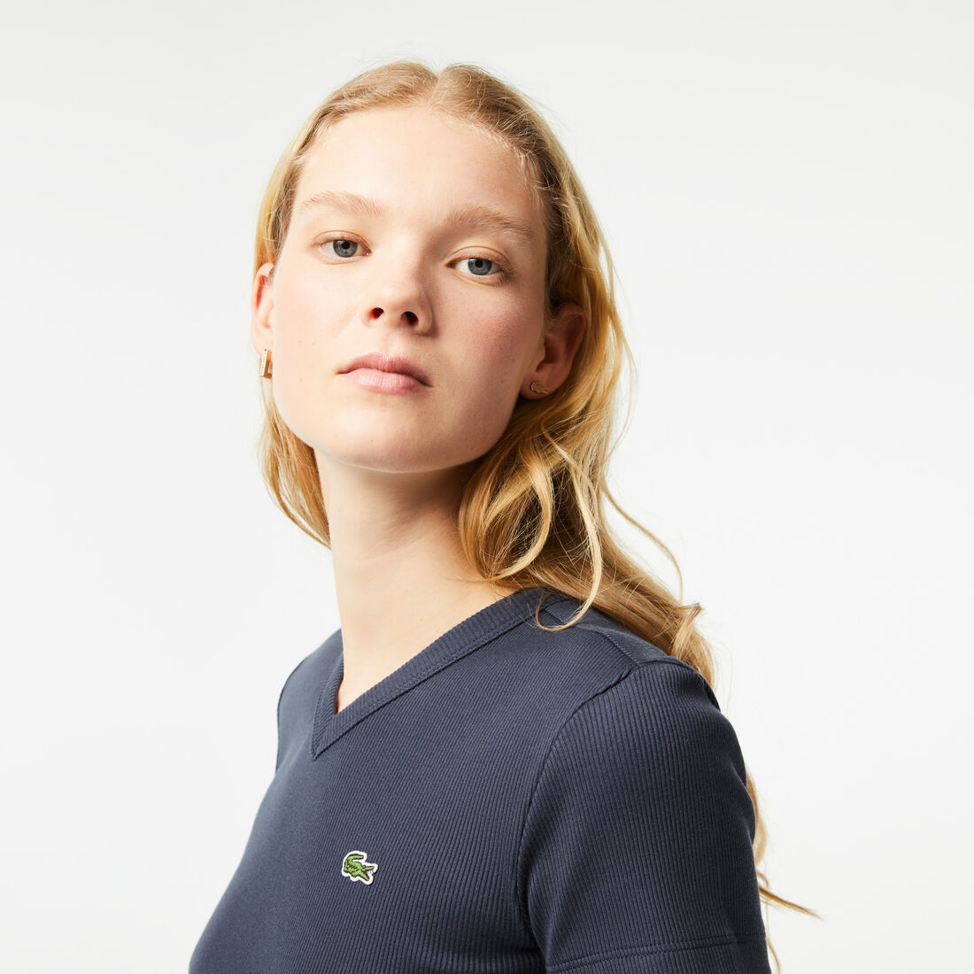 Lacoste Slim Fit Organic Baumwoll V-neck T-shirts Damen Blau | QUVL-10567