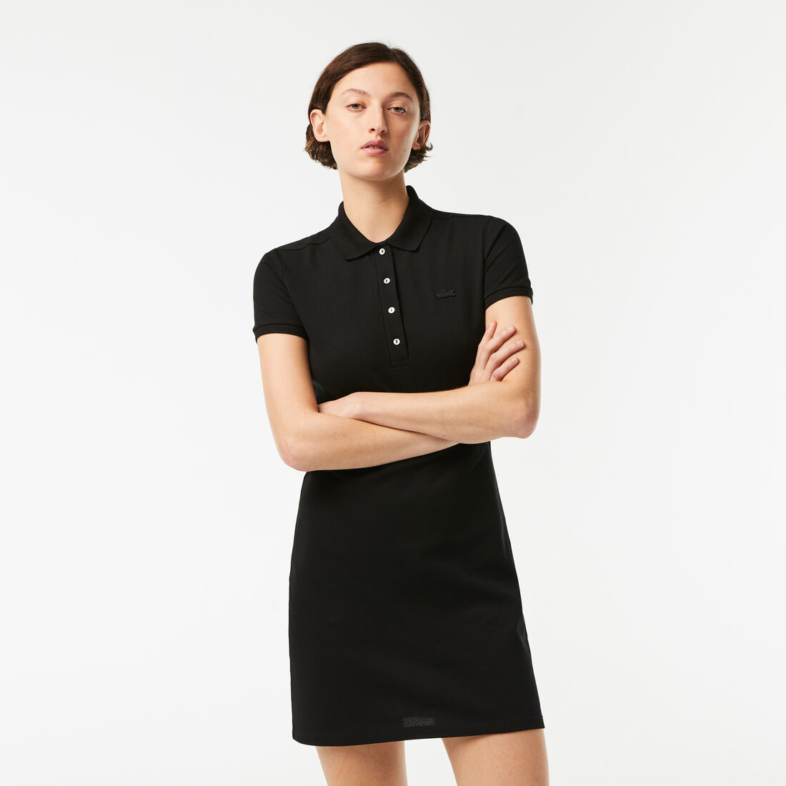 Lacoste Stretch Baumwoll Piqué Kleider Damen Schwarz | TJMG-68517