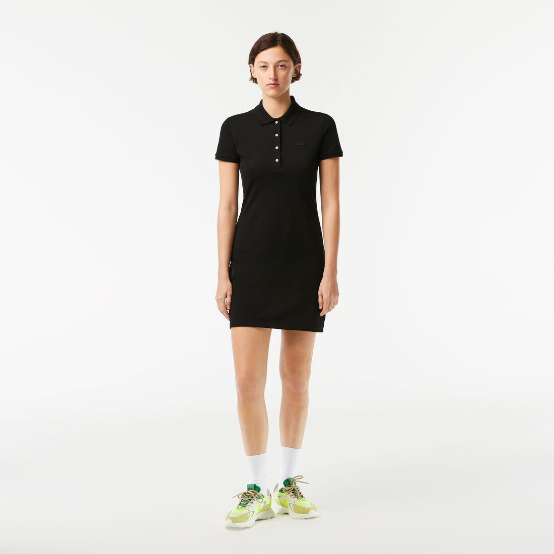 Lacoste Stretch Baumwoll Piqué Kleider Damen Schwarz | TJMG-68517